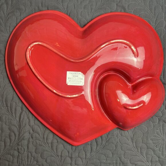 Valentine Red & Pink Large Double Hearts Ceramic Chip 'n Dip Tray Bowl 14" 2006 - Picture 6 of 7
